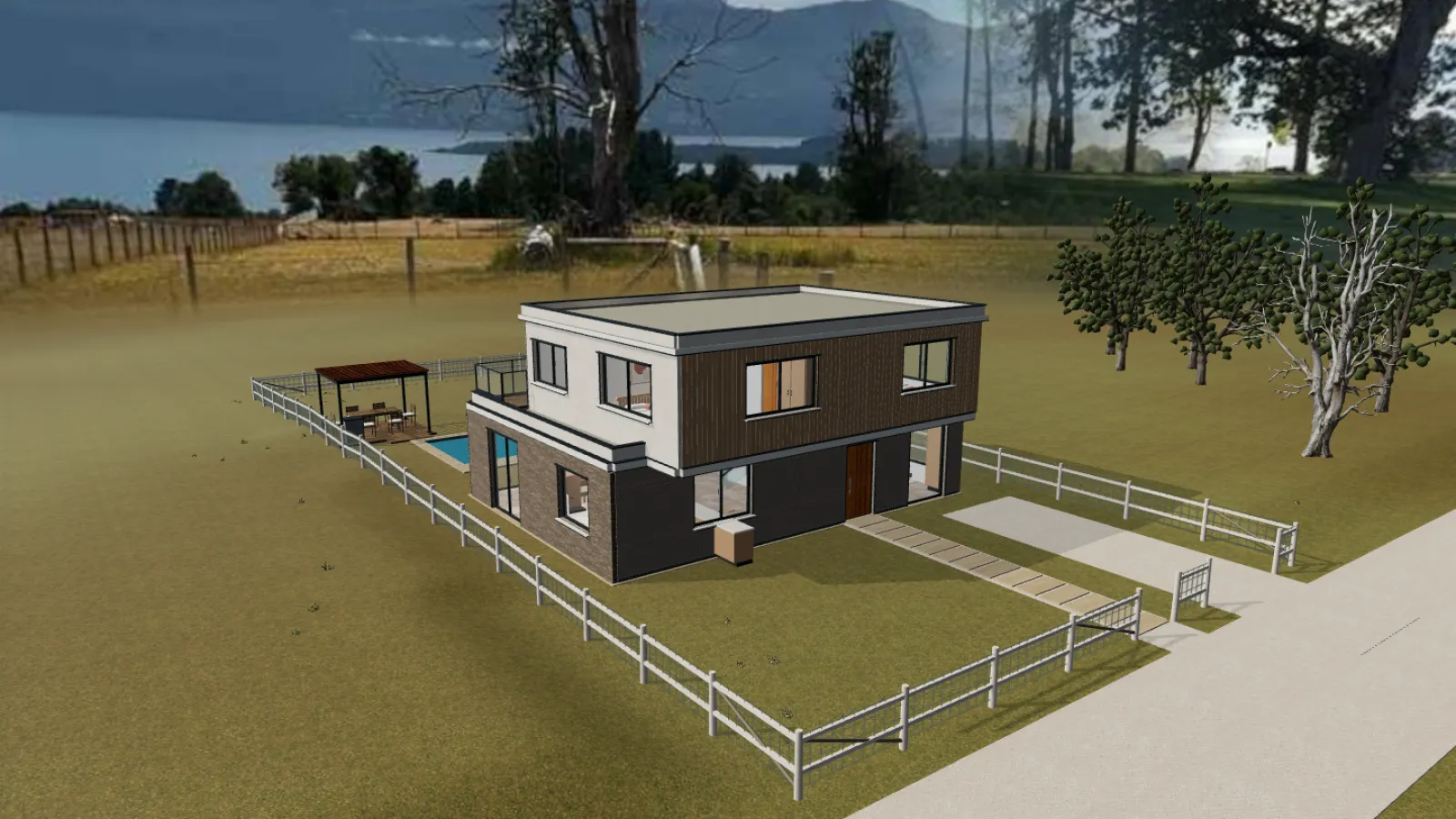 Captura del recorrido 3D de ejemplo: vista exterior de la casa de dos pisos con jardín, cerco blanco y piscina, con un lago al fondo.