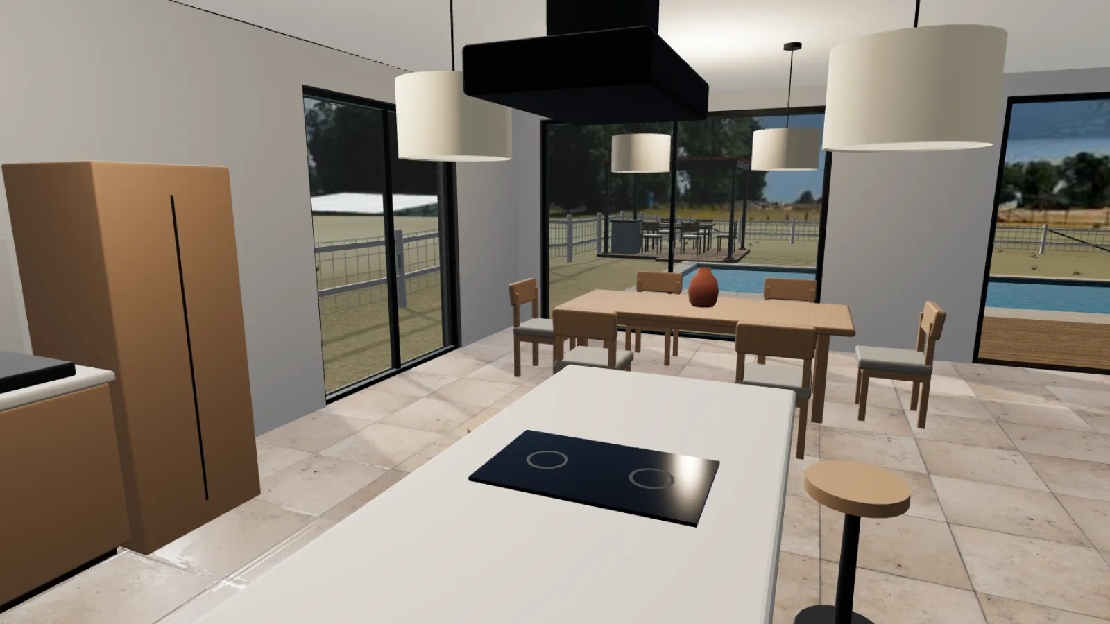 Captura del recorrido 3D de ejemplo: cocina y comedor con grandes ventanales hacia la piscina.