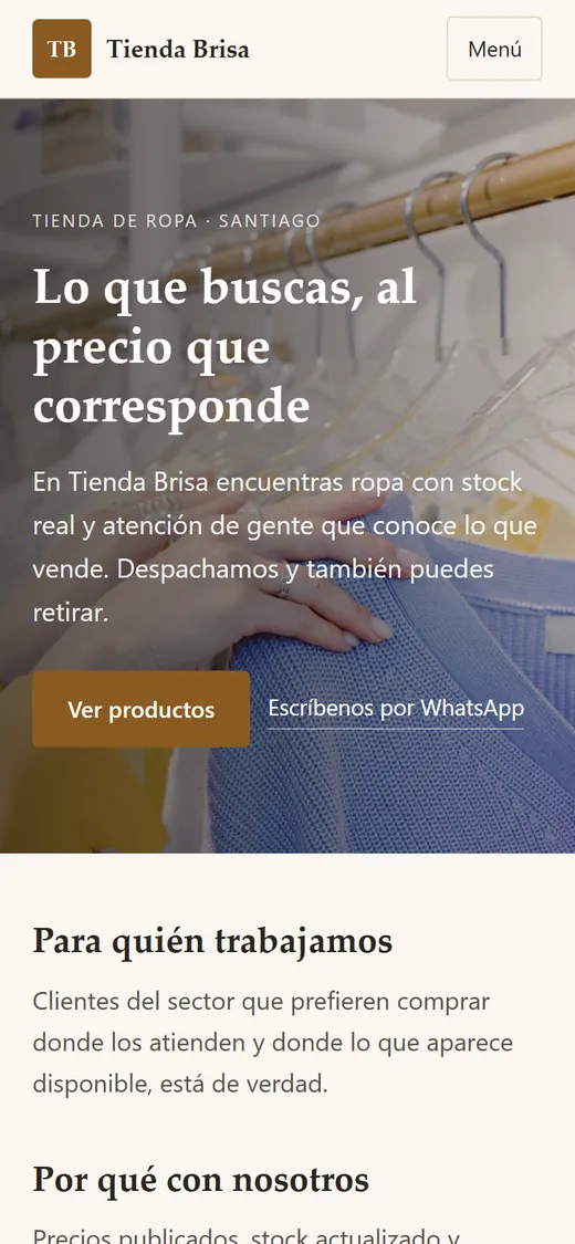 Ejemplo de sitio con catálogo simple de productos, visto en un teléfono.