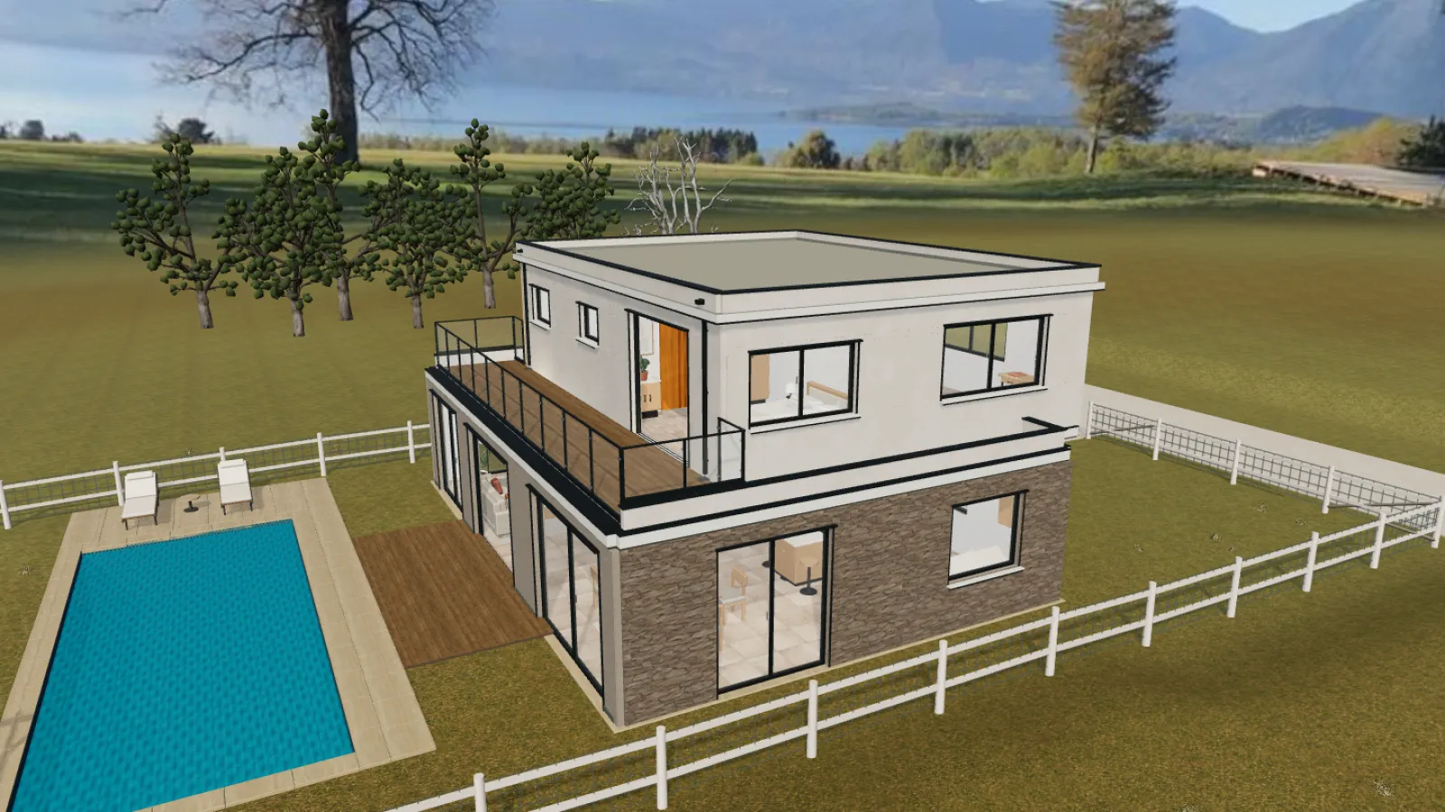 Captura del recorrido 3D de un proyecto de ejemplo: terraza y piscina junto a la casa.